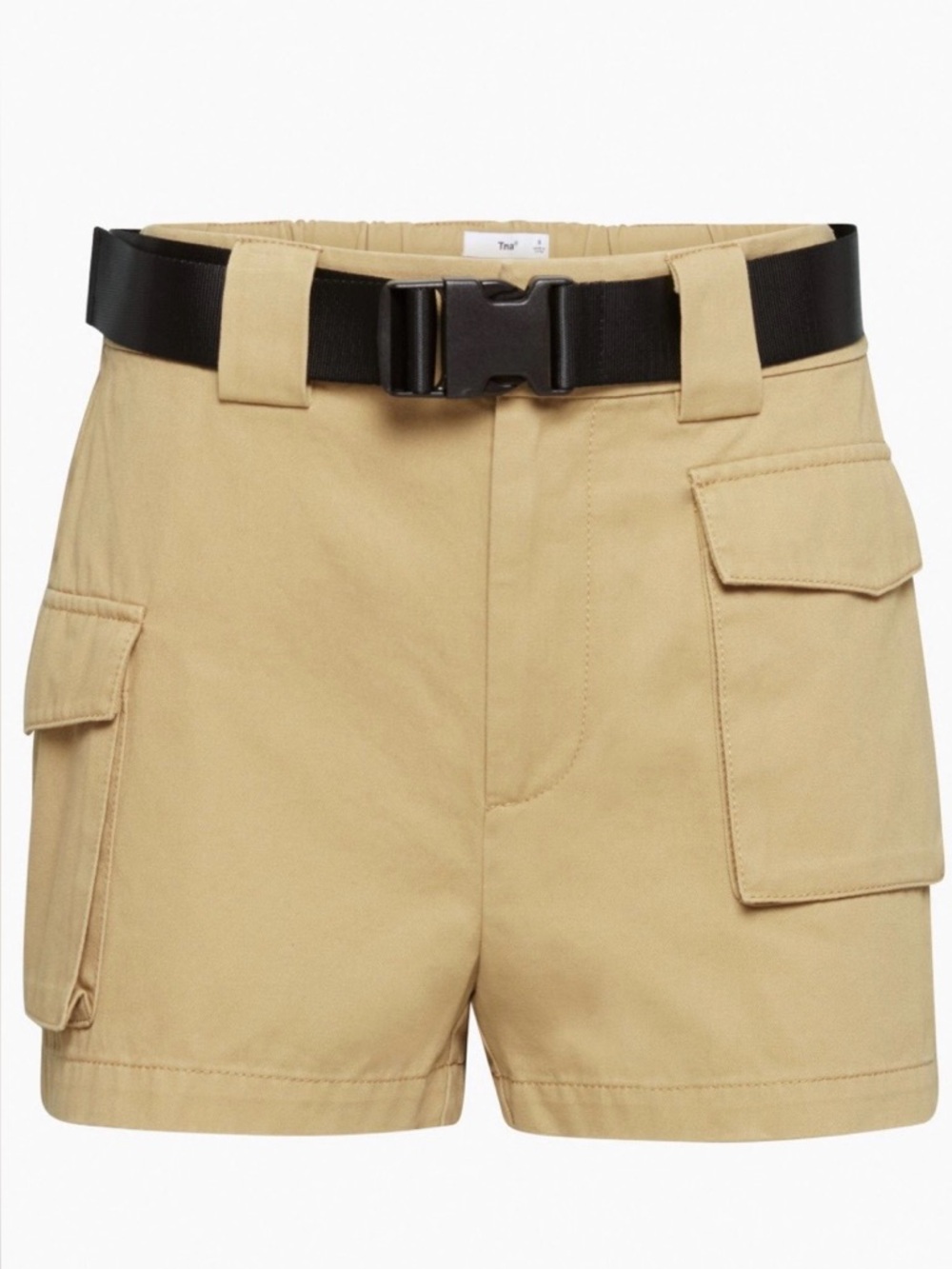 Aritzia TNA High-Waist Cargo Shorts in Tan with Black Belt